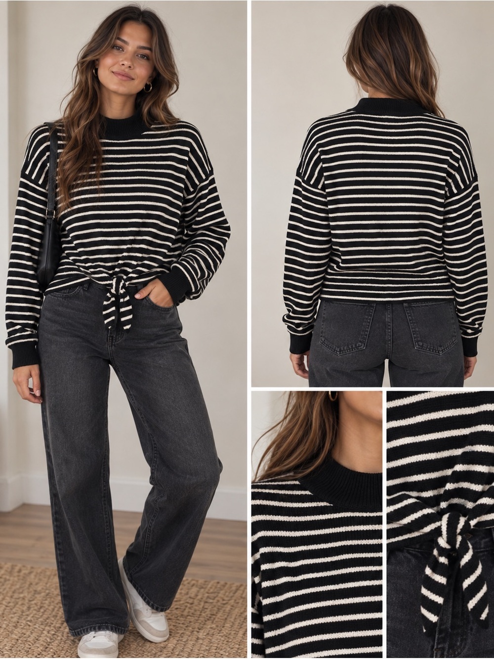 Loft Striped black and white striped sweater with knotted waist small - Picture 2 of 10